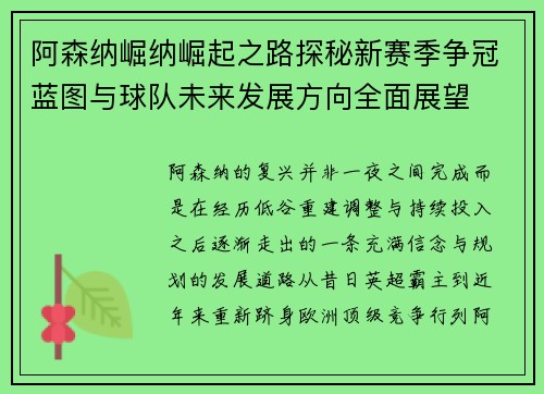 阿森纳崛纳崛起之路探秘新赛季争冠蓝图与球队未来发展方向全面展望